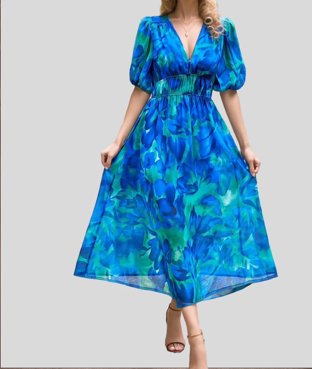 Women’s Casual Loose Dress – V-Neck High-Waist Summer Beach Dress