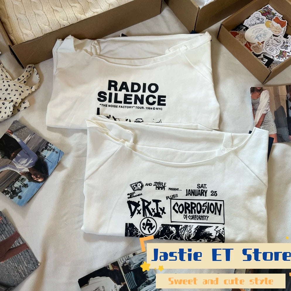 28 Graphic Print T-Shirts Woman Summer Slash Neck Short Sleeve Cotton Tees American Vintage Streetwear Raw Hem Crop Top T-shirts