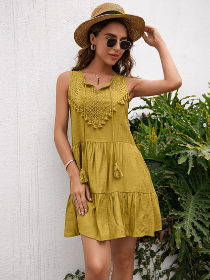 Women’s High-Waist Tassel Lace Mini Dress – Sleeveless Summer Sundress