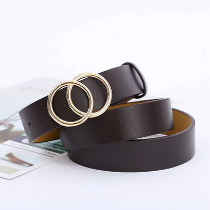 Women’s Double Ring PU Belt – Round Metal Buckle