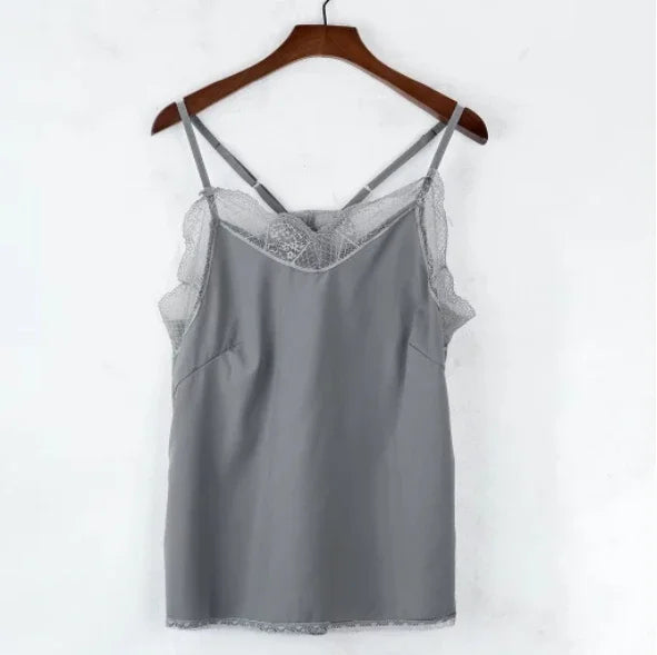 Women Tops  Elegant Tank Top Tube Top Silk Satin Camisole Plain Strappy Vest Tops Sleeveless Blouse French Tuning Delicate Lace
