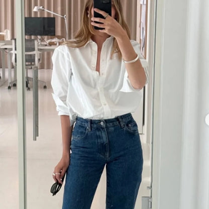 TRAF 2025 Woman Blouses Long Stripe Shirts Women Spring Summer Long Sleeve Blue White Shirt Woman Large Tops Button Up Shirts