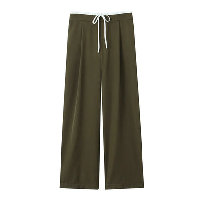 Women’s Wide-Leg Pants – Double Waistband, High Elastic, Drawstring & Side Pockets
