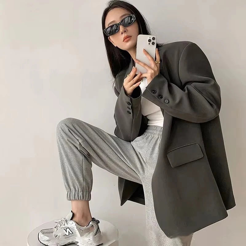 Women’s Black Single-Button Blazer – Loose Fit Office & Streetwear.