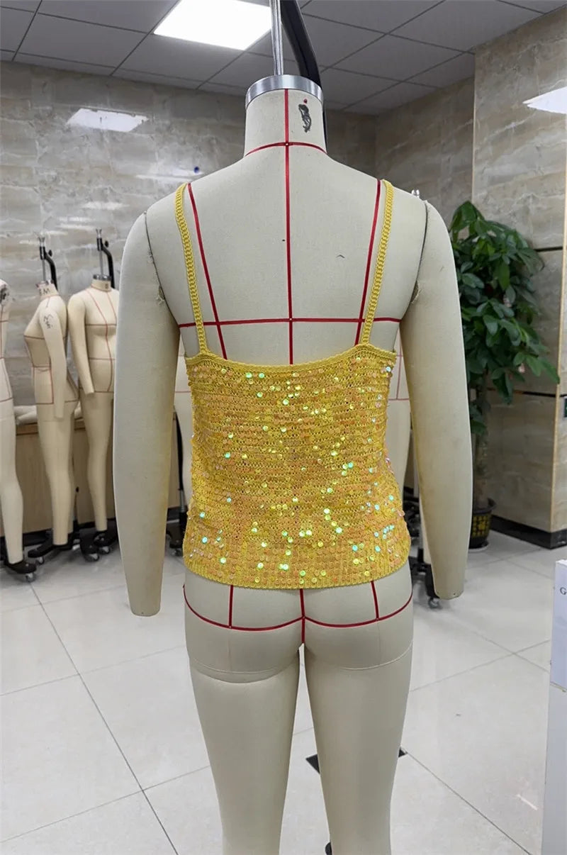 Sequin Embellished Crochet Crop Tops Women Summer Beach Knitted Smocked Camis Sparkly Glitter Backless Cover-up Crop Tops Vest