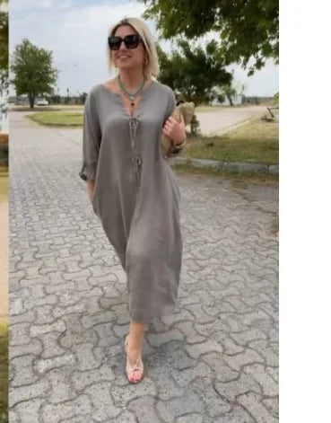 Women’s Casual Linen Maxi Dress – Loose Short Sleeve Elegant Dress