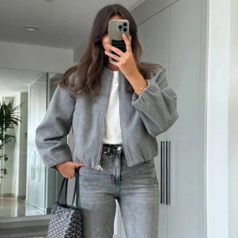 Women’s Tweed Cropped Bomber Jacket – Autumn/Winter