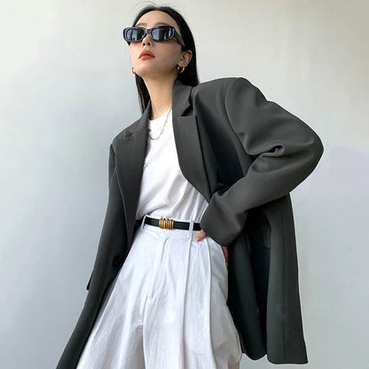 Women’s Black Single-Button Blazer – Loose Fit Office & Streetwear.