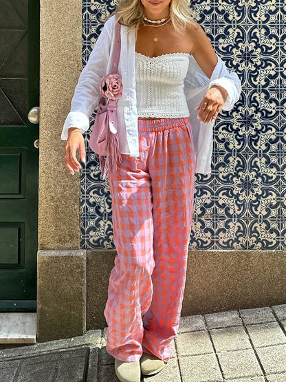 Women’s Pink Plaid Slim Straight Pants – Chic Zipper Fly Trousers