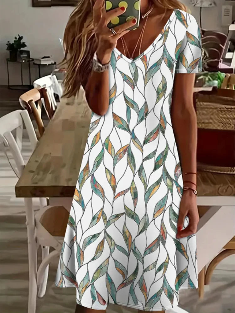 Women’s Summer Printed V-Neck Dress – Short Sleeve Knee-Length Retro Dress