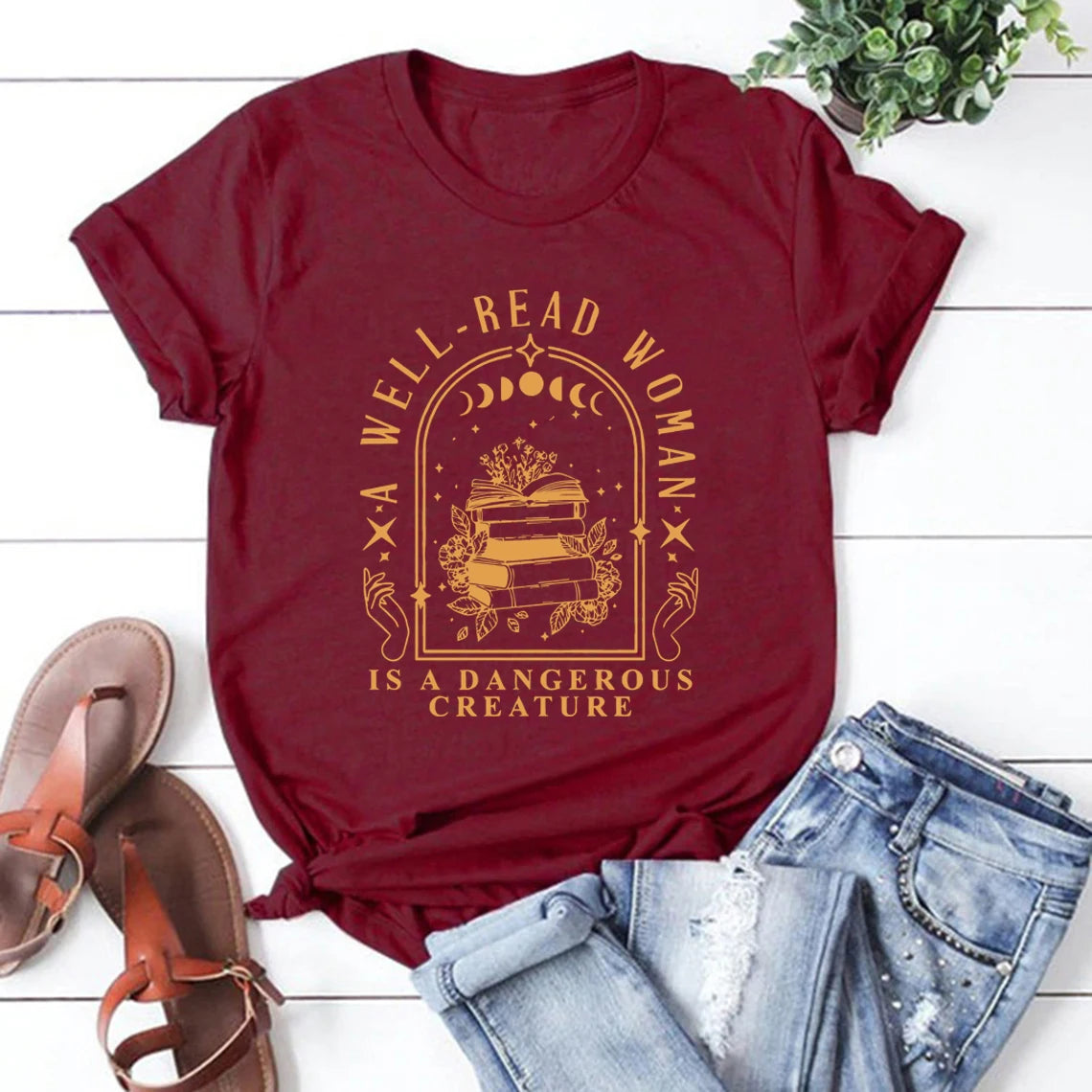 A Well Read Woman Is A Dangerous Creature T Shirts Bookish Merch T-Shirt Women Tshirts Vintage Graphic Tees Book Lovers Gifts