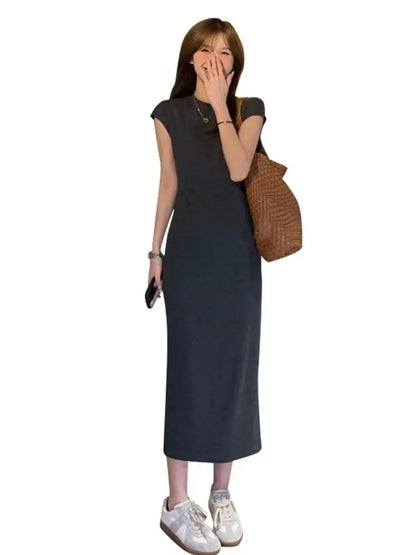 Women’s Simple Casual Dress – Elegant Slim Summer Streetwear, Korean Vintage Style