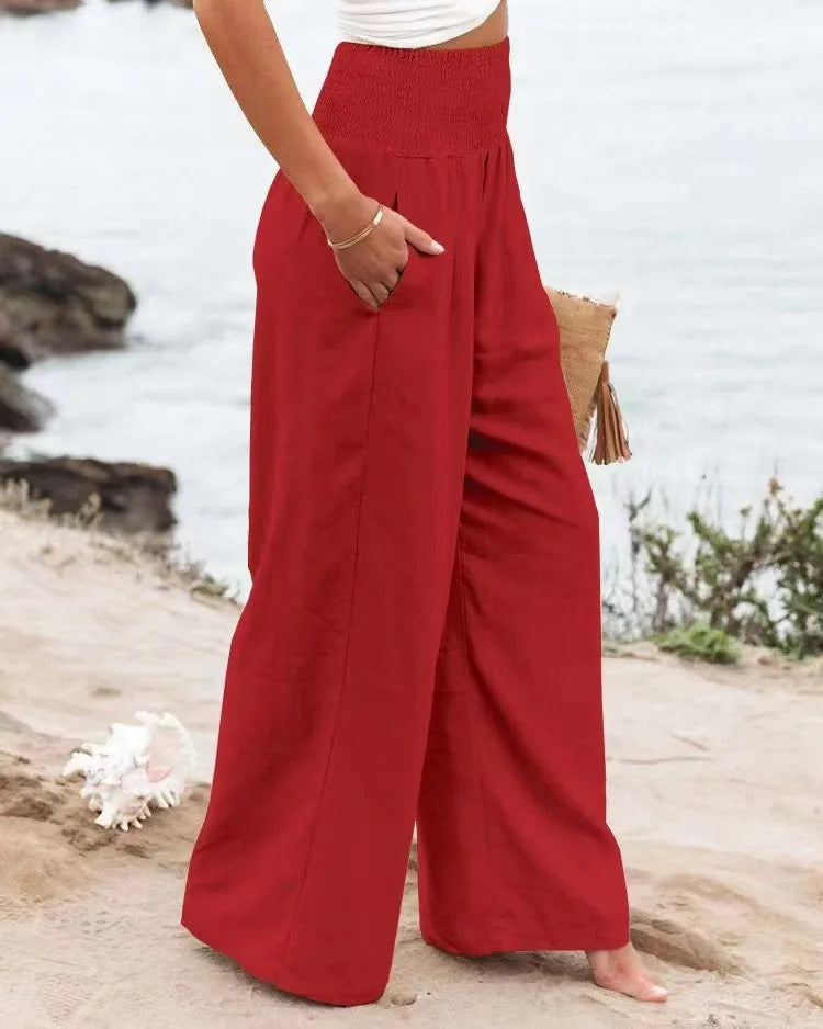 Women’s Mid-Waist Drawstring Wide-Leg Pants – Casual Spring & Summer