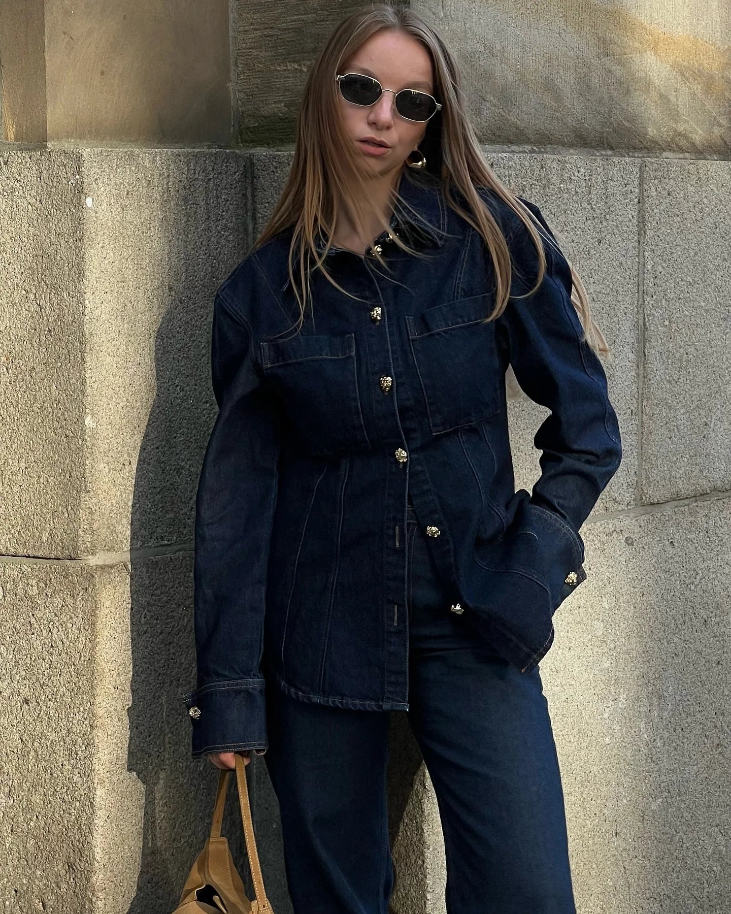 Denim Jacket Jeans 2 piece sets woman Long Sleeve Metal Buttons Sliming Pocket Top Straight Leg Pants Cowgirl Outfits for Women