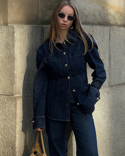 Denim Jacket Jeans 2 piece sets woman Long Sleeve Metal Buttons Sliming Pocket Top Straight Leg Pants Cowgirl Outfits for Women